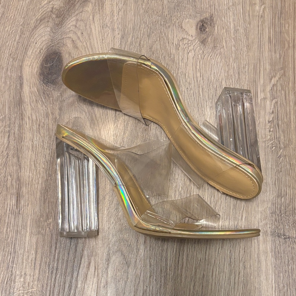 Stylish Transparent Heels with Iridescent Blue Highlights